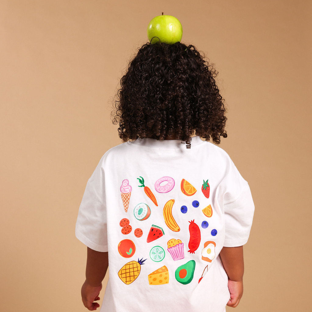 Snack club tee with food illustrations printed on the back